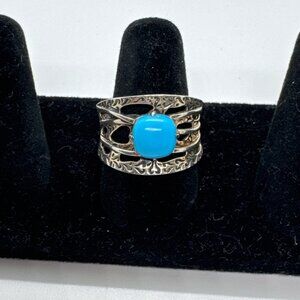 DK 925 Sterling Silver Wide Band Ring Blue Cabochon Size 8 Boho Artsy Statement